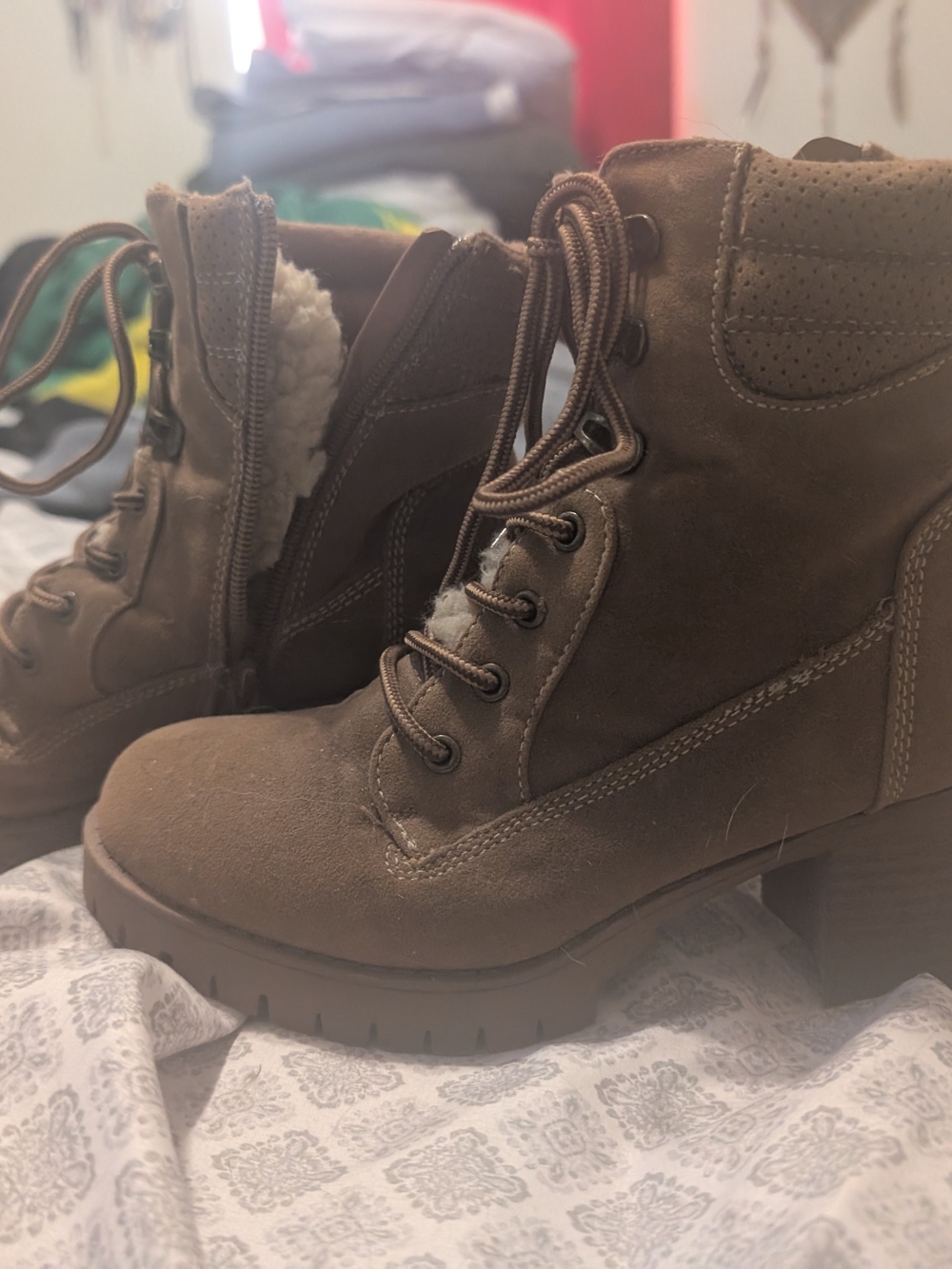 pop Brown Faux-Suede Lace-Up Heeled Ankle Boots